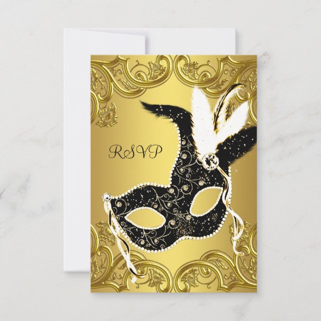 Black and Gold Masquerade Party RSVP (Front)