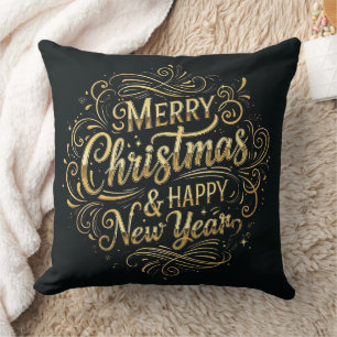Black and Gold Merry Christmas & Happy New Year Cushion