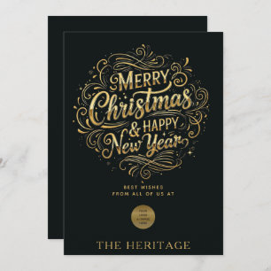 Black and Gold Merry Christmas & Happy New Year  Holiday Card