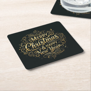 Black and Gold Merry Christmas & Happy New Year Square Paper Coaster