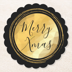 Black and gold metal merry Christmas calligraphy Paper Coaster
