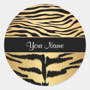 Black and Gold Metallic Tiger Stripes Pattern Classic Round Sticker