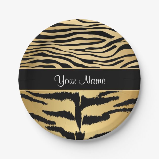Black and Gold Metallic Tiger Stripes Pattern Paper Plate (Front)