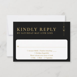 Black And Gold Minimalist Monogram Wedding RSVP Card