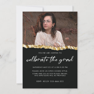 black and gold Minimalist Senior one photo Grad Invitation