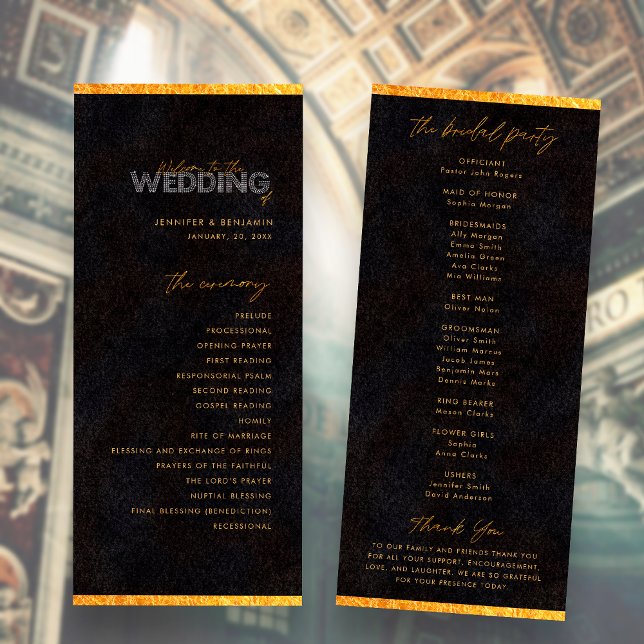 Black and Gold Minimalist Wedding Ceremony Program Programme (Front / Back)