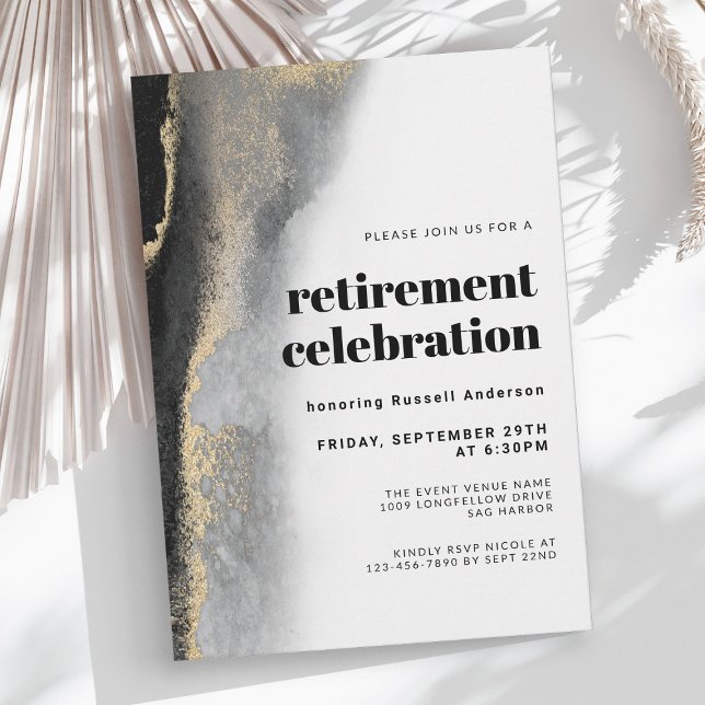 Black and Gold Modern Abstract Retirement Party Invitation (Available as both printed and paperless digital download!)