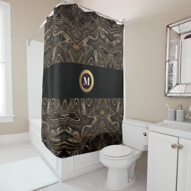 Black and gold modern abstract swirl monogram shower curtain (In Situ)