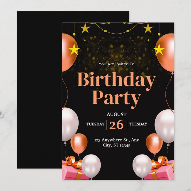 Black And Gold Modern Birthday Invitation (Front/Back)