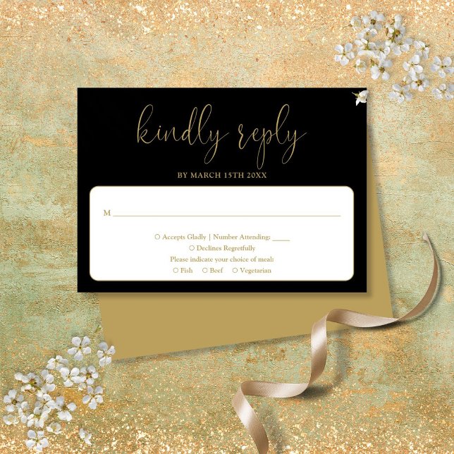 Black And Gold Modern Chic Elegant Script Wedding RSVP Card (Black And Gold Modern Chic Elegant Script Wedding RSVP Card)