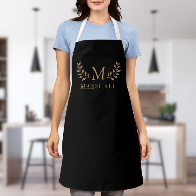 Black And Gold Modern Elegant Floral Monogram Name Apron (Black And Gold Modern Elegant Floral Monogram Name Apron)