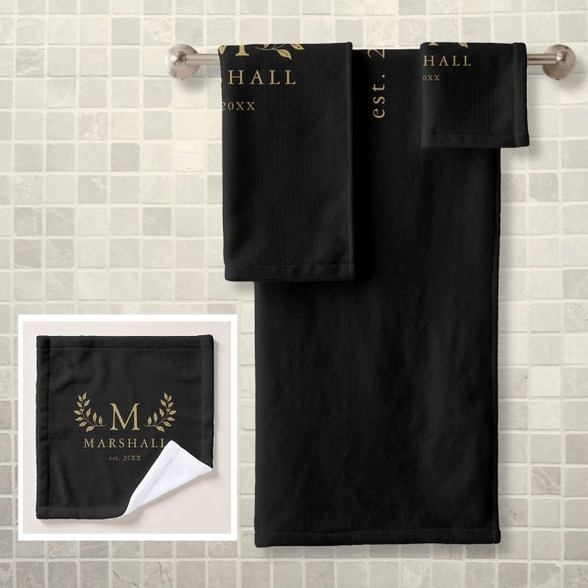 Black And Gold Modern Elegant Floral Monogram Name Bath Towel Set (Black And Gold Modern Elegant Floral Monogram Name Bath Towel Set)