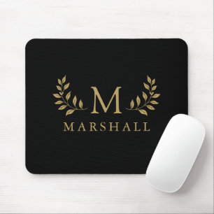 Black And Gold Modern Elegant Floral Monogram Name Mouse Pad
