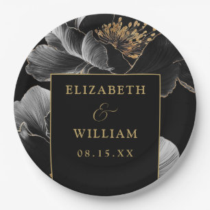 Black And Gold Modern Floral Elegant Chic Wedding Paper Plate