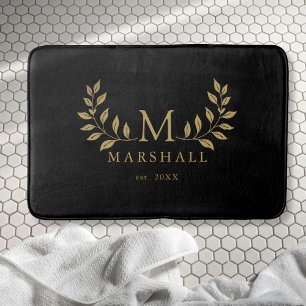 Black And Gold Modern Floral Monogram Family Name Bath Mat