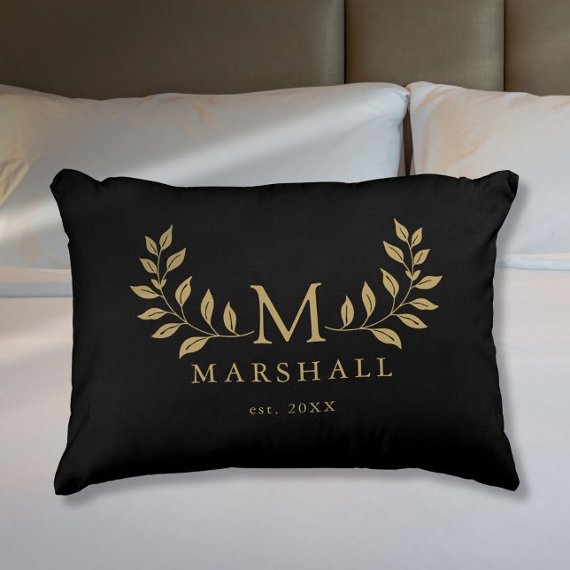 Black And Gold Modern Floral Monogram Family Name Decorative Cushion (Black And Gold Modern Floral Monogram Family Name Accent Pillow)