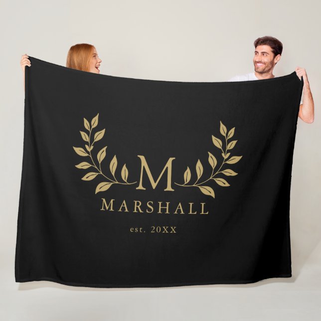 Black And Gold Modern Floral Monogram Family Name Fleece Blanket (In Situ)