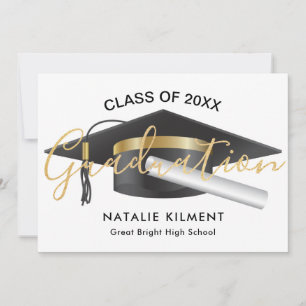 Black and Gold Modern Graduate Cap Graduation Announcement