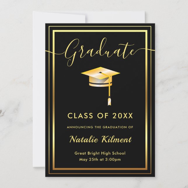 Black and Gold Modern Graduate Cap Graduation Announcement (Front)