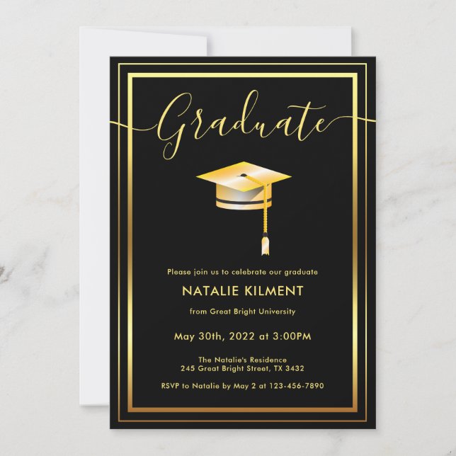Black and Gold Modern Graduate Cap Graduation Invitation (Front)