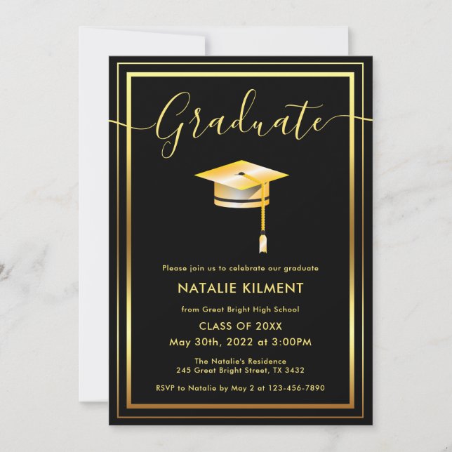 Black and Gold Modern Graduate Cap Graduation Invitation (Front)
