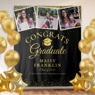 Black And Gold Modern Graduation 3 Photo Backdrop Tapestry