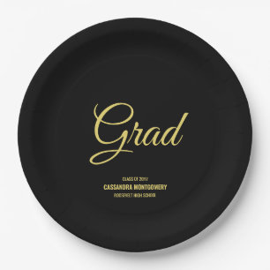 Black and Gold Modern Graduation Party Paper Plate