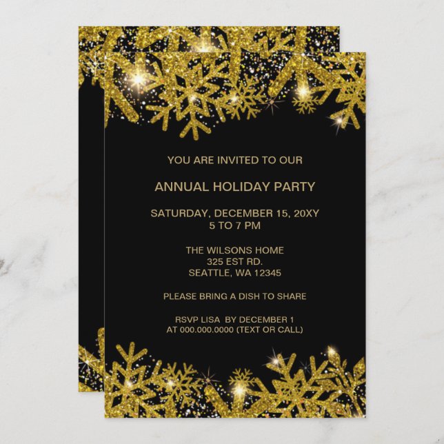 Black and Gold Modern Holiday Party  Invitation (Front/Back)