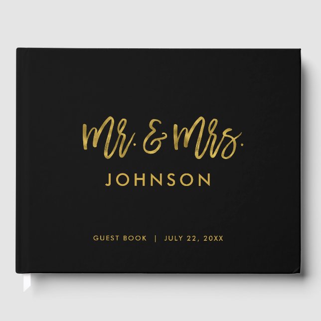 Black and Gold Modern Photo Wedding Guest Book (Front)