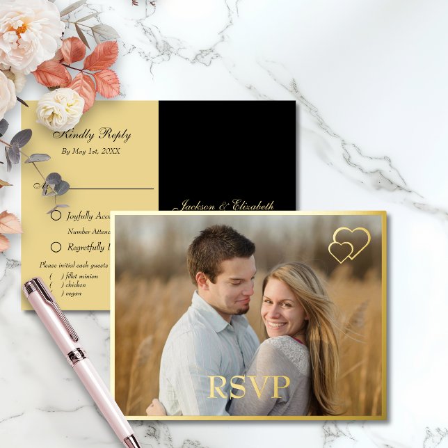 Black and gold Modern Photo Wedding RSVP Foil Invitation Postcard (Creator Uploaded)