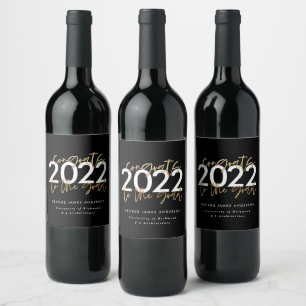 Black and gold modern script stylish graduation wine label