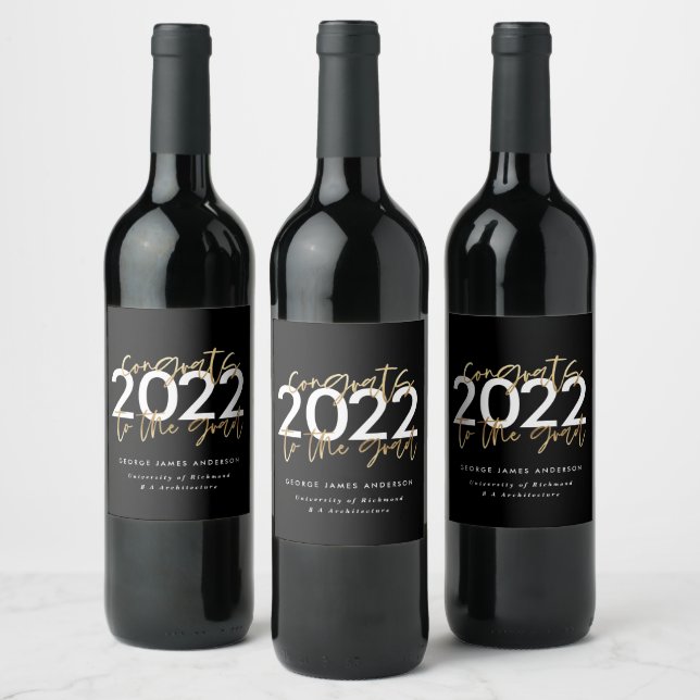 Black and gold modern script stylish graduation wine label (Bottles)