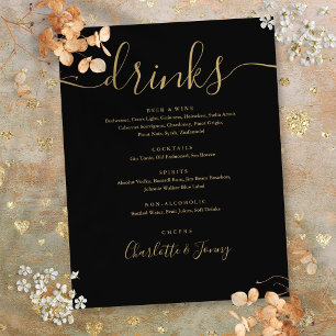 Black And Gold Modern Script Wedding Drinks Menu