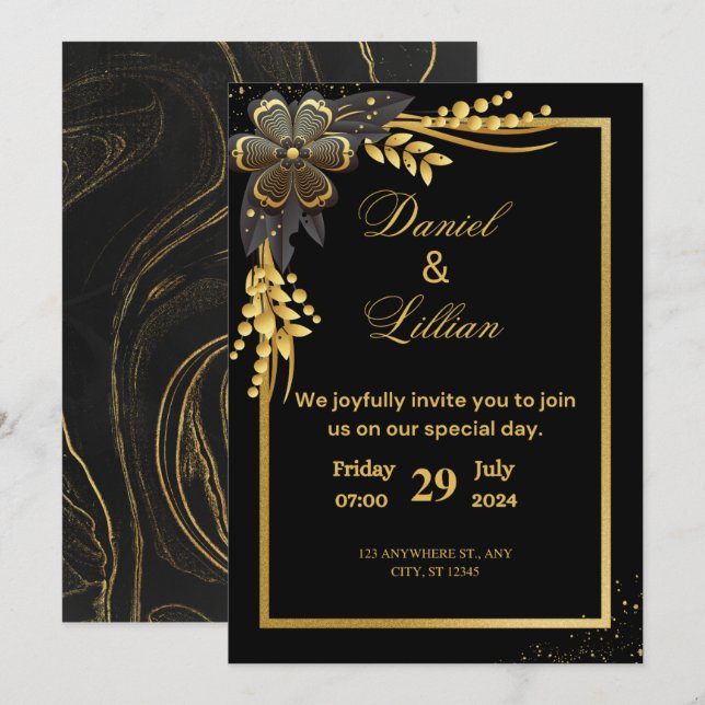 Black and Gold modern wedding invitation (Front/Back)