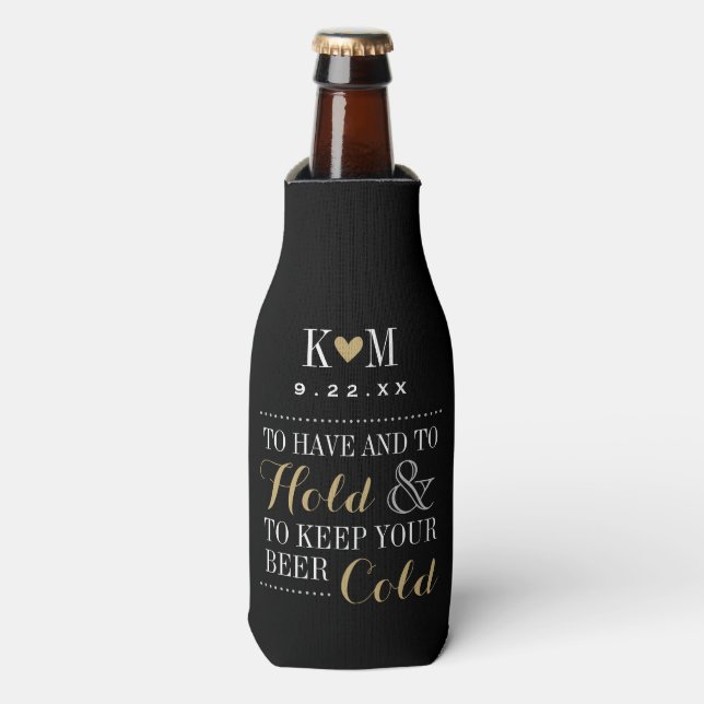 Black and Gold Modern Wedding Monogram Bottle Cooler (Bottle Front)