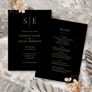 Black And Gold Monogram All In One Wedding Invitation