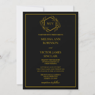 Black and Gold Monogram Crest Wedding Invitation