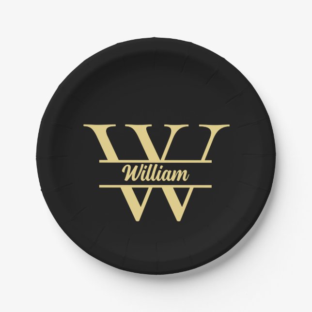 Black and Gold Monogram | Elegant Initial Name  Paper Plate (Front)