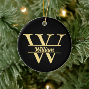  Black and Gold Monogram   Elegant Initial Script Ceramic Tree Decoration