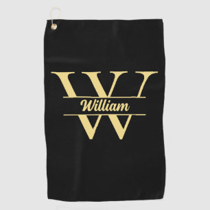 Black and Gold Monogram   Elegant Initial Script  Golf Towel
