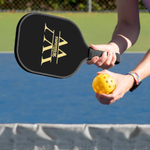 Black and Gold Monogram   Elegant Initial Script   Pickleball Paddle