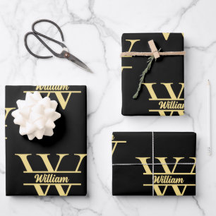 Black and Gold Monogram   Elegant Initial Script Wrapping Paper Sheet