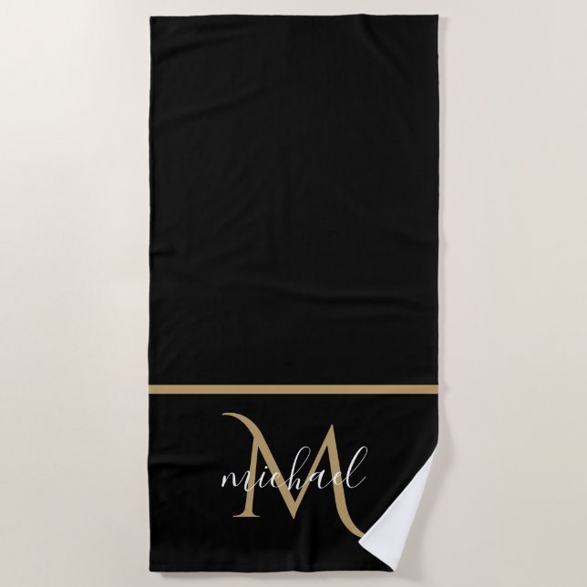 Black and Gold Monogram Elegant Luxury  Beach Towel (Front)
