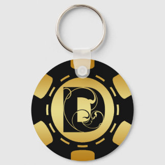 BLACK AND GOLD MONOGRAM LETTER D POKER CHIP KEY RING