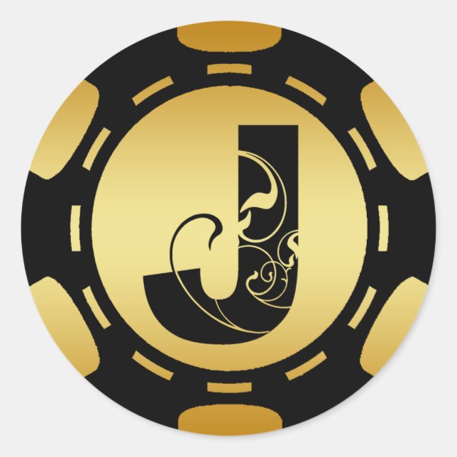BLACK AND GOLD MONOGRAM LETTER J POKER CHIP CLASSIC ROUND STICKER (Front)