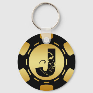 BLACK AND GOLD MONOGRAM LETTER J POKER CHIP KEY RING