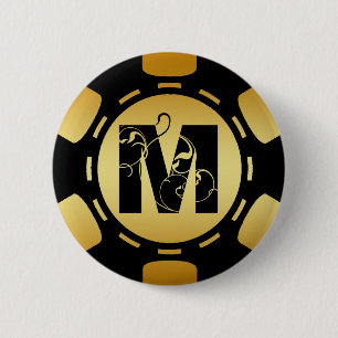 BLACK AND GOLD MONOGRAM LETTER M POKER CHIP 6 CM ROUND BADGE