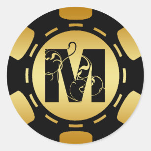 BLACK AND GOLD MONOGRAM LETTER M POKER CHIP CLASSIC ROUND STICKER