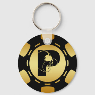 BLACK AND GOLD MONOGRAM LETTER P POKER CHIP KEY RING