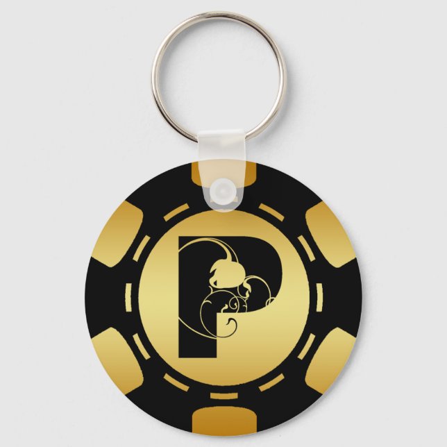 BLACK AND GOLD MONOGRAM LETTER P POKER CHIP KEY RING (Front)